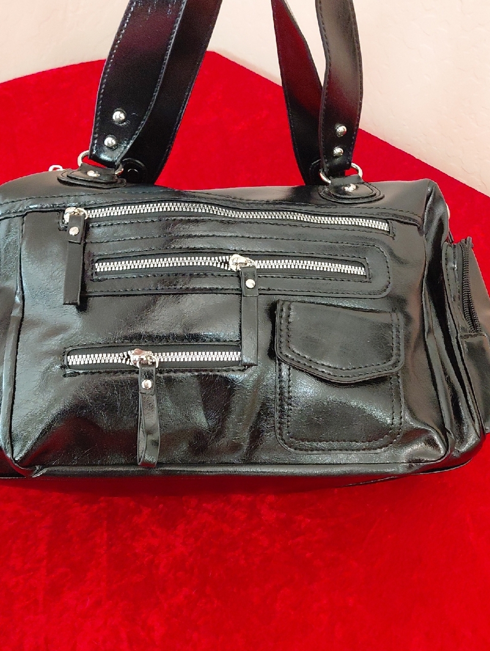 DOLLSKILL Black Patent Multi-Zip Shoulder Bag